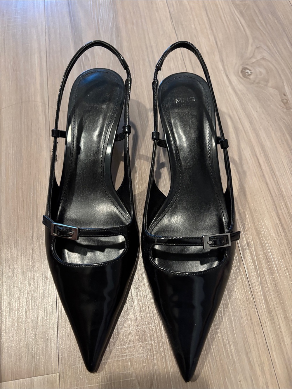 Mango Black Patent Pointed Slingback Heels with Buckle